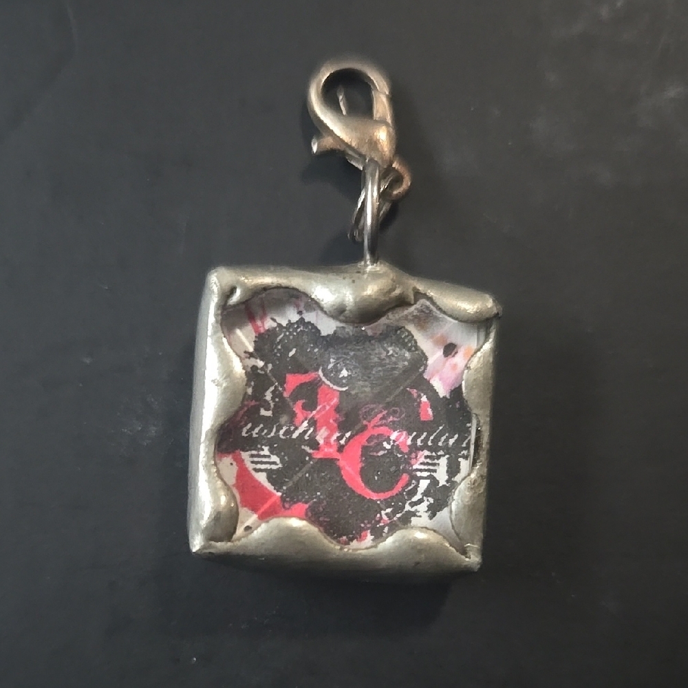 Silver and Red Square Pendant Charm